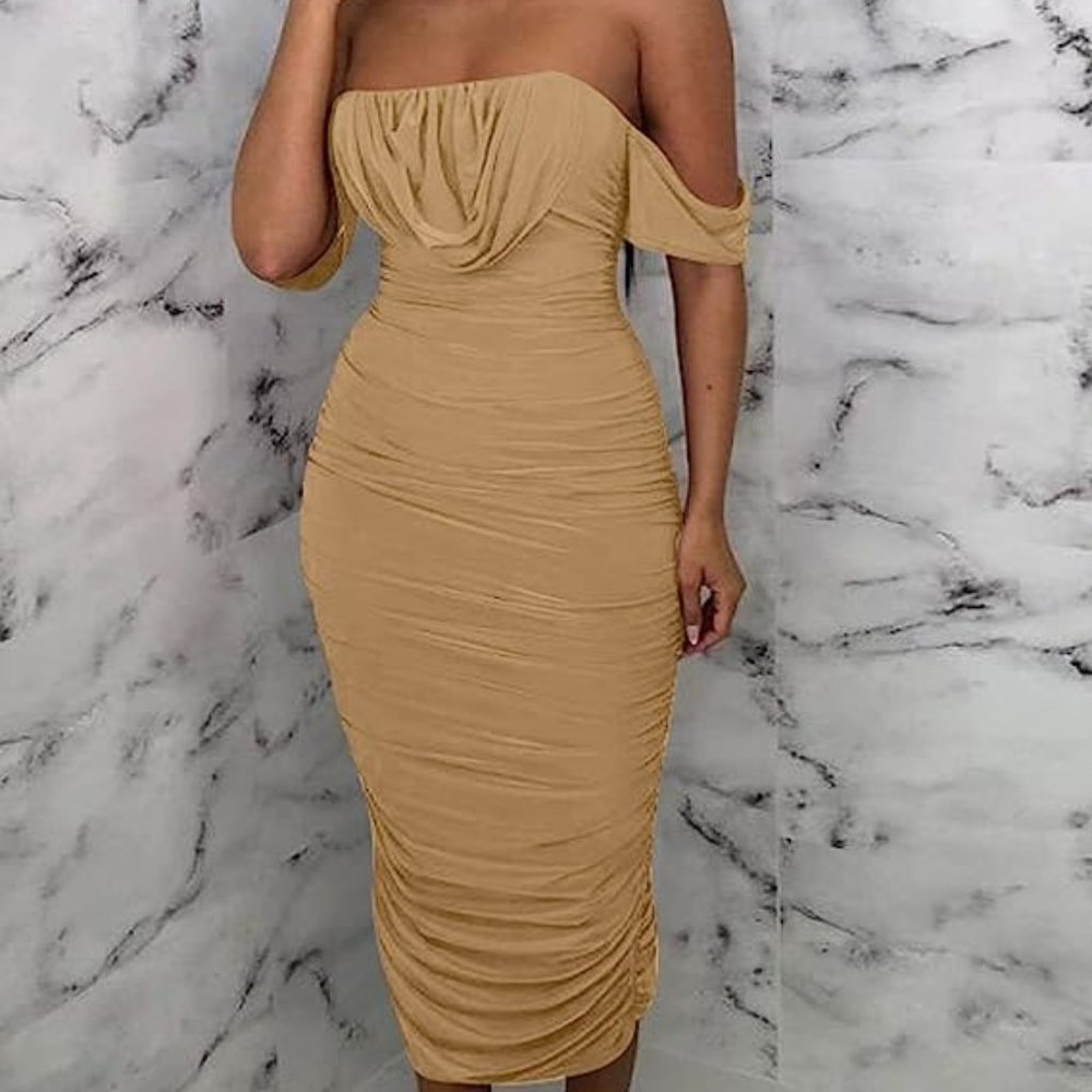 Ruched Bodycon Strapless Off Shoulder Midi